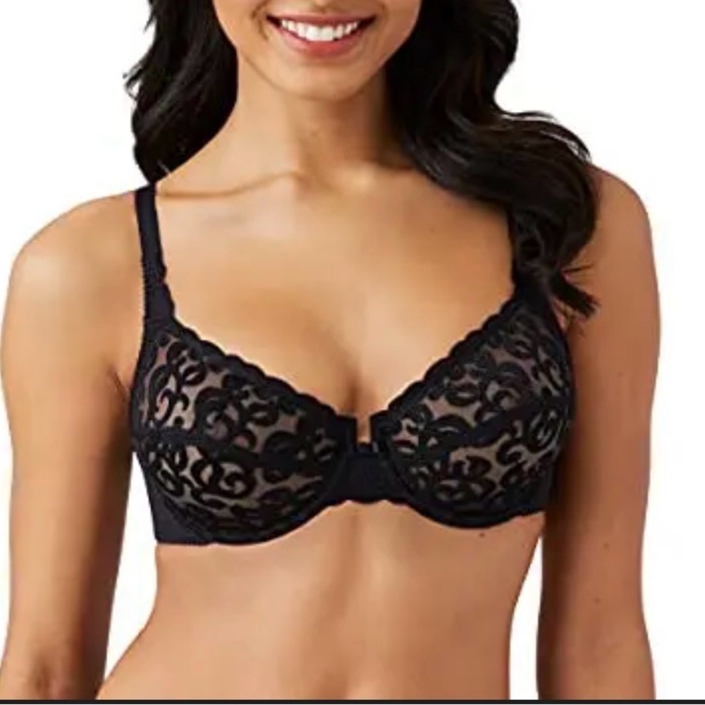 Vintage Wacoal Black Semi Sheer Embroidered Lace Arabesque Wired Bra 85199 34D